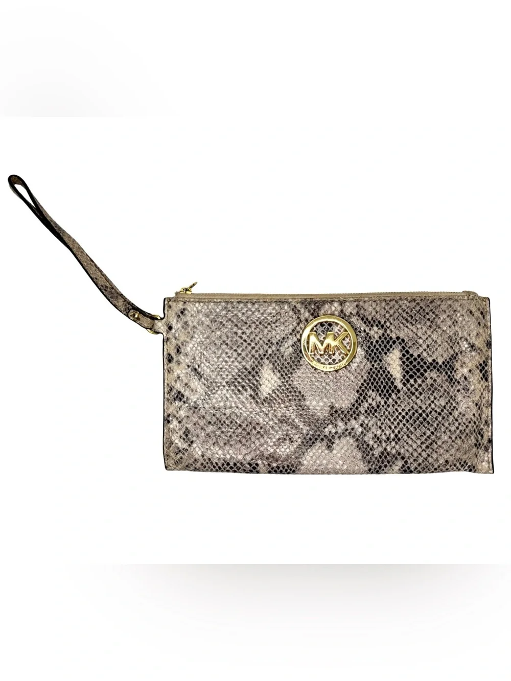 Michael Kors Snakeskin Python Embossed Leather Wristlet Clutch Gold Logo